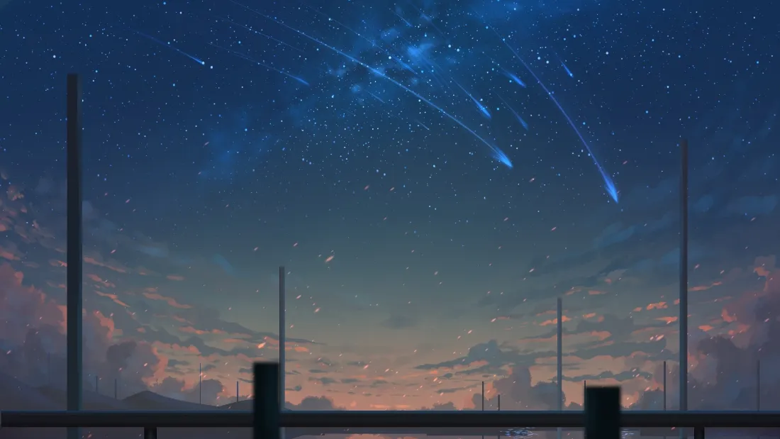 2k流星夜空壁纸|动漫风景背景图片 - 晚霞「哲风壁纸」 黄昏时分的动漫风星空,流星划过,地平线处有电线杆与栏杆剪影。
