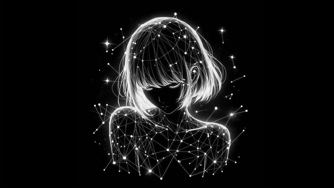 4k星座壁纸|星光女孩背景图片 - 星点剪影「哲风壁纸」 纯黑背景上由星点连线构成的短发女孩半身剪影,线条发光梦幻。