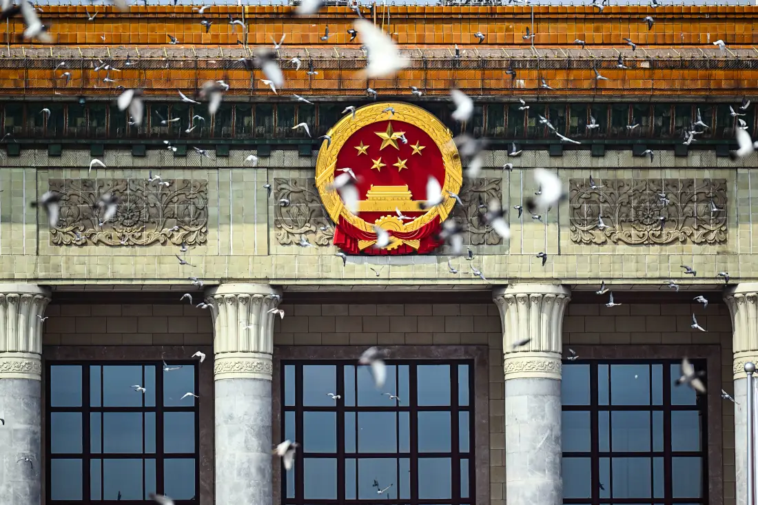 人民大会堂正面国徽居中，大量和平鸽在空中飞舞