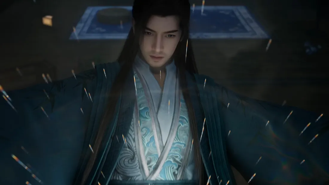 《凡人修仙传》韩立身着暗青古风长袍，神情冷峻，周身环绕细碎光效。