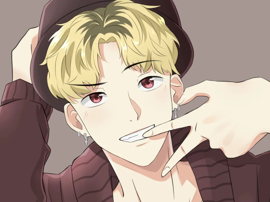 金发戴深色帽子的韩漫男性，比剪刀手贴脸，穿深棕毛衣