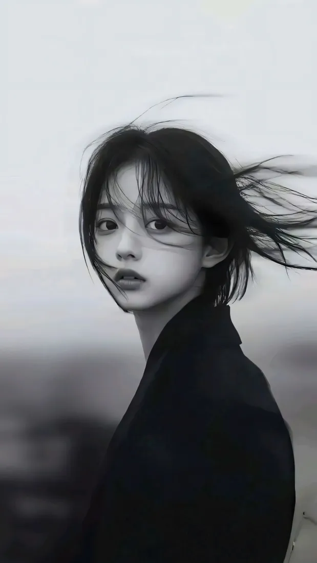 黑白近景，黑衣短发女子发丝被风吹起，神情忧郁望向镜头，背景朦胧虚化。