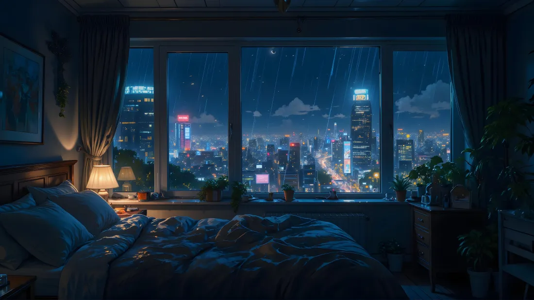 雨夜高层卧室内，暖光台灯旁床铺凌乱，窗外是灯火璀璨的城市夜景。