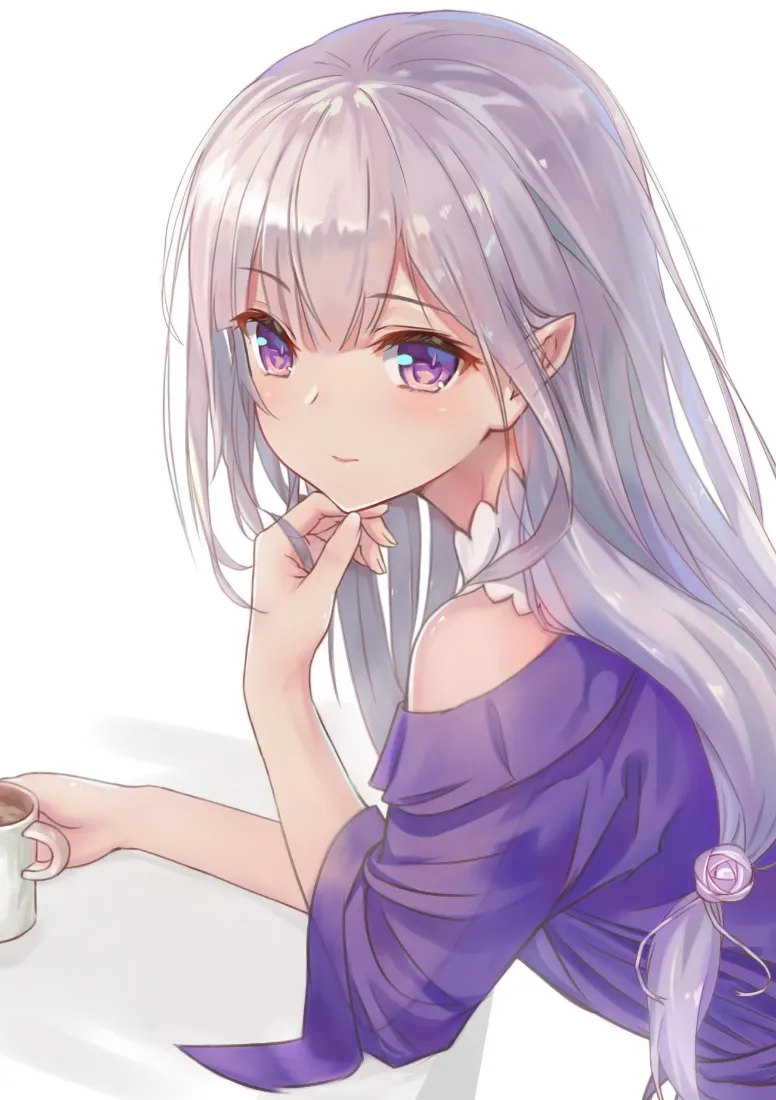 银发紫瞳精灵少女身着紫衣，手托脸颊，手边放着盛有饮品的白杯。