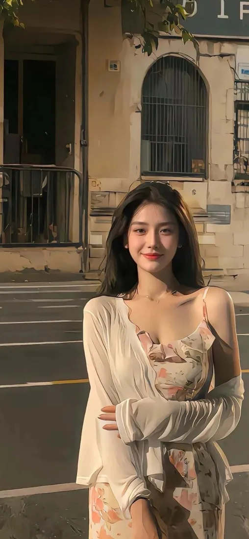 街拍美女手机壁纸｜欧式街道背景 - 碎花裙白开衫「哲风壁纸」