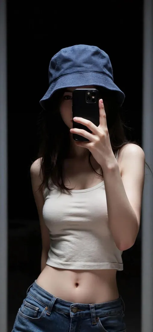 戴蓝帽美女自拍手机壁纸|暗背景 - 白背心牛仔「哲风壁纸」 戴蓝帽美女自拍手机壁纸|暗背景 - 白背心牛仔「哲风壁纸」