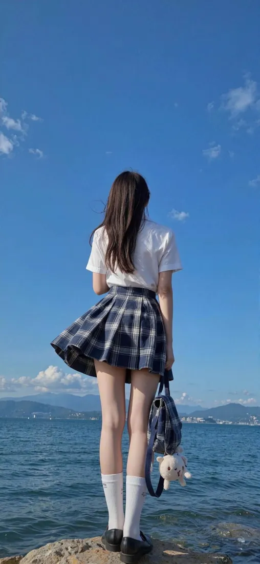海边少女背影手机壁纸|蓝天大海背景 - jk制服「哲风壁纸」 海边少女背影手机壁纸|蓝天大海背景 - jk制服「哲风壁纸」