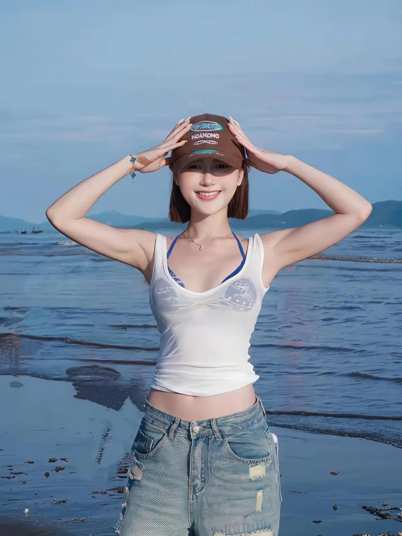 海边美女手机壁纸｜海滩背景图片 - 破洞牛仔裤「哲风壁纸」