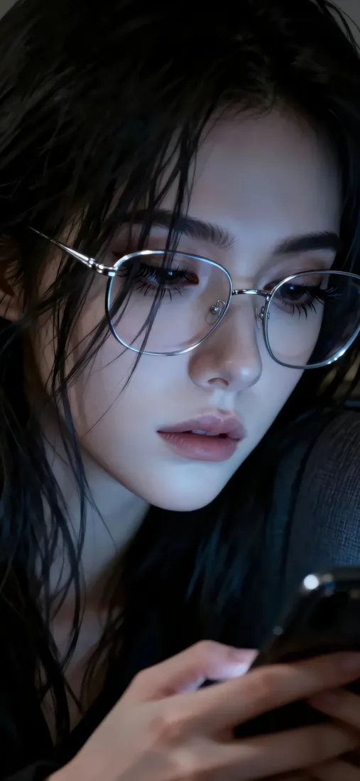 御姐戴眼镜看手机手机壁纸｜黑发女生 - 精致迷人「哲风壁纸」