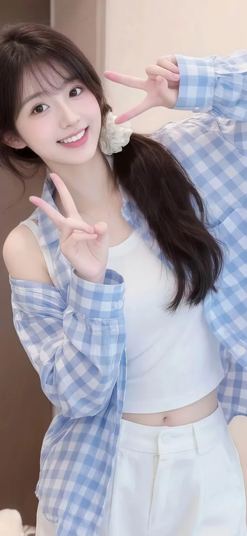 蓝白格衬衫女生手机壁纸|甜美比耶背景 - 手机高清壁纸「哲风壁纸」 蓝白格衬衫女生手机壁纸|甜美比耶背景 - 手机高清壁纸「哲风壁纸」