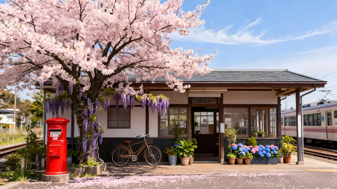 3k樱花树日式小屋壁纸｜日式车站 - 红邮筒「哲风壁纸」