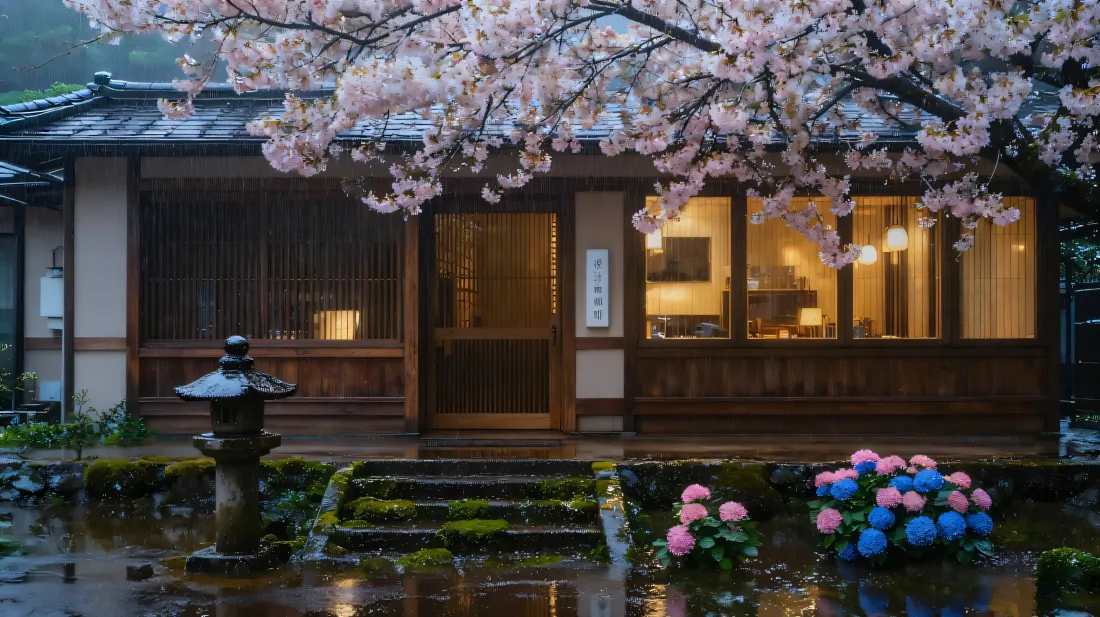 3k樱花树日式小屋壁纸｜庭院背景 - 石灯笼绣球花「哲风壁纸」