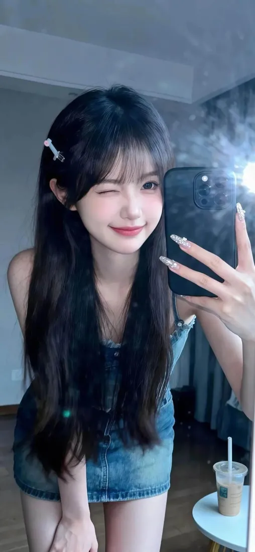 长发甜妹穿牛仔短裙对镜自拍，眨眼微笑，手持手机遮挡半脸