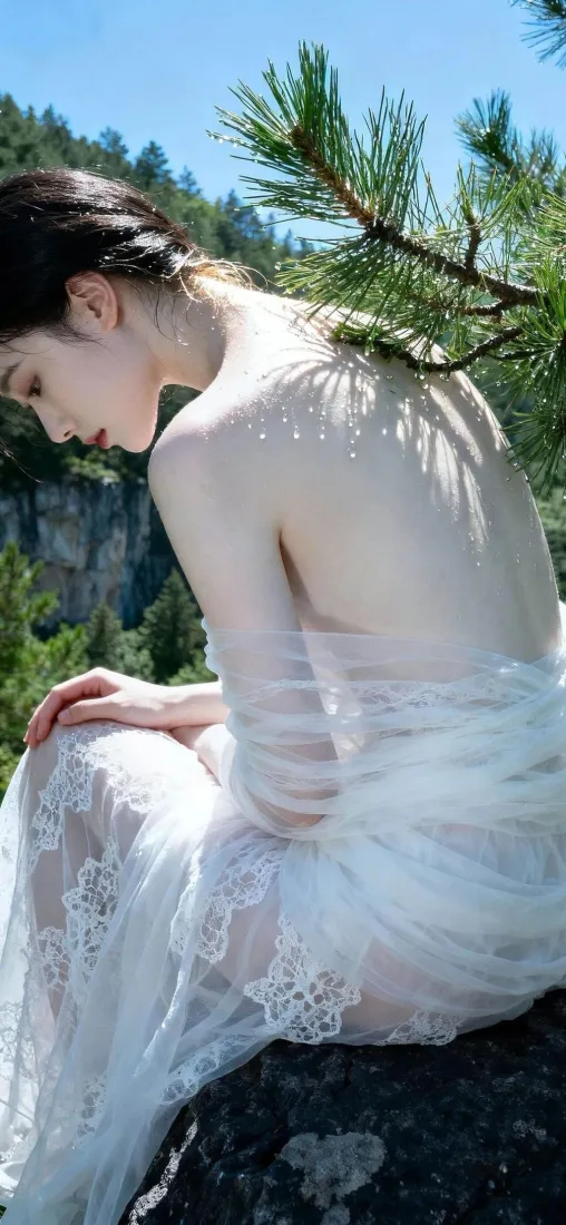 白衣女子薄纱裙手机壁纸｜户外岩石 - 自然风景「哲风壁纸」