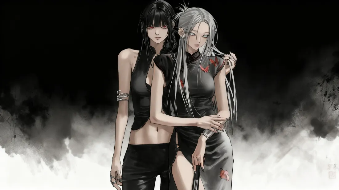 3k双生少女壁纸｜黑白动漫旗袍背景 - 自制艺术「哲风壁纸」