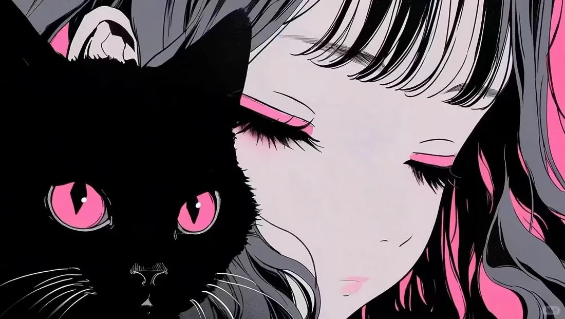 2k黑猫粉眼女孩壁纸｜动漫背景 - 可爱「哲风壁纸」