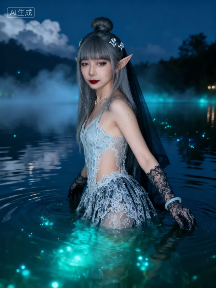 精灵真人化AIGC手机壁纸|暗夜湖泊 - 蓝绿光效「哲风壁纸」 精灵真人化AIGC手机壁纸|暗夜湖泊 - 蓝绿光效「哲风壁纸」