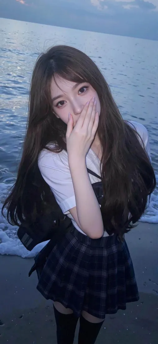 海边少女手机壁纸｜海景背景 - 格子裙黑袜「哲风壁纸」