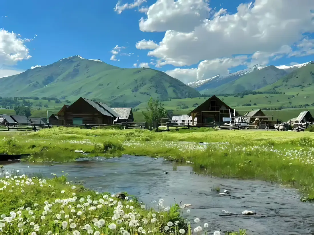 3k山川房屋壁纸｜自然风景背景 - 河流草地野花「哲风壁纸」