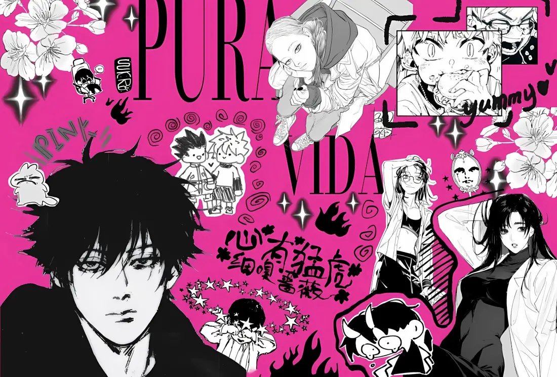 2k动漫人物粉色壁纸｜黑白插画 - 骷髅花朵「哲风壁纸」