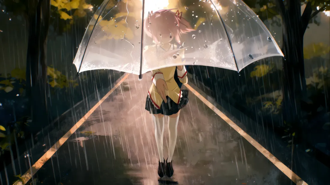 3k二次元JK少女雨夜壁纸｜撑伞背影 - 道路「哲风壁纸」
