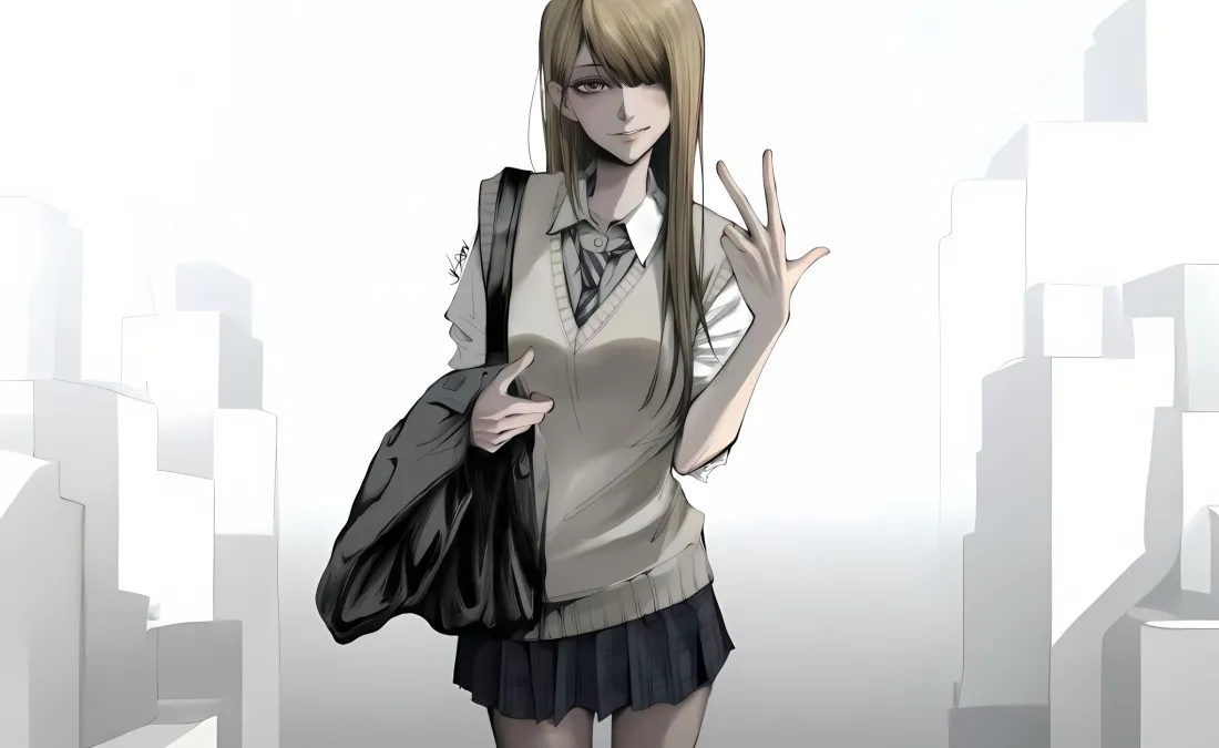 2kJK动漫女生壁纸|城市背景 - 灰色调「哲风壁纸」 灰调城市背景下,穿JK制服的金发动漫女生抬手比出手势。