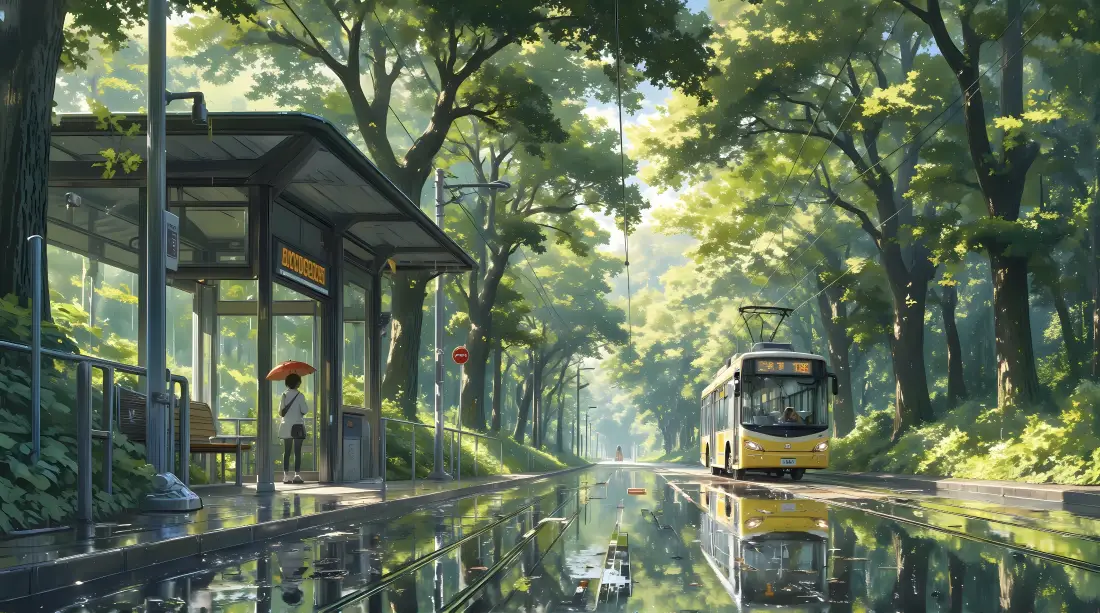 4k雨天森林街道壁纸｜公交积水 - 治愈系「哲风壁纸」