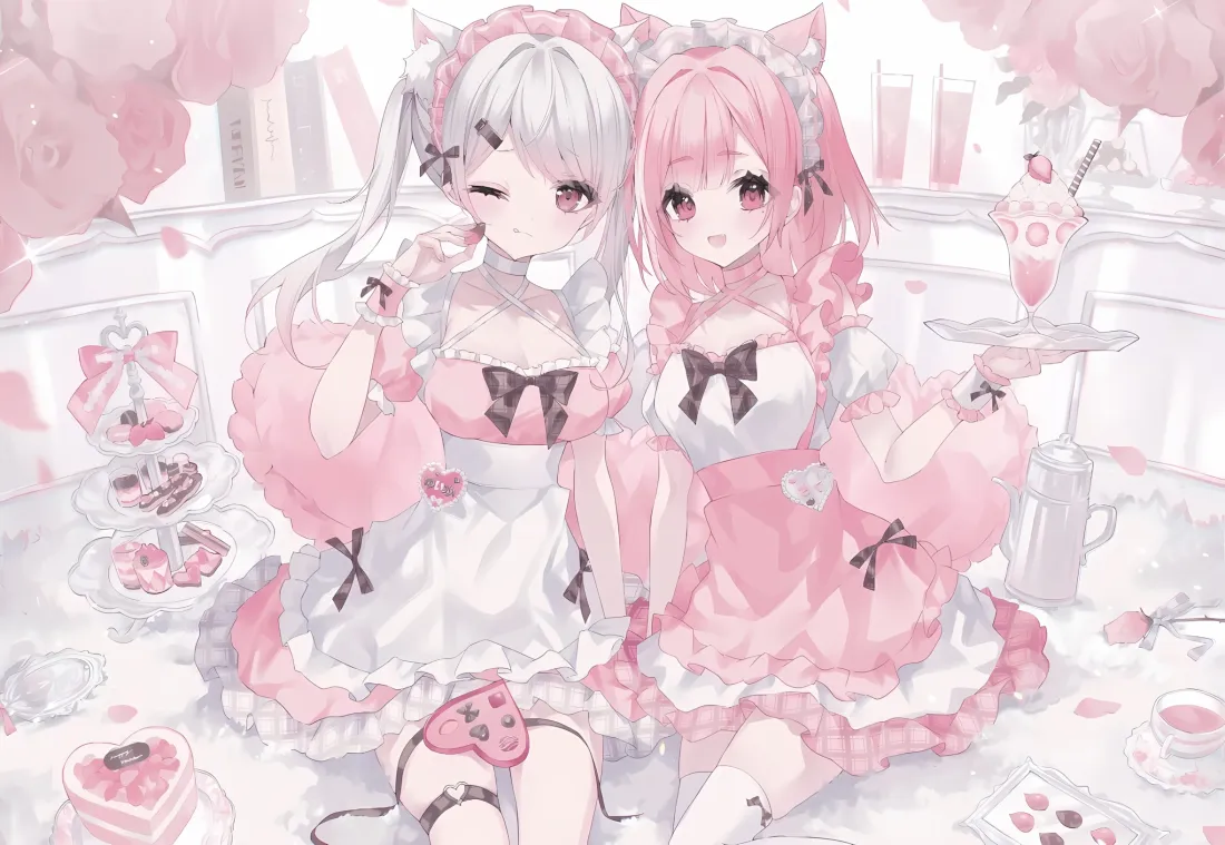 2k双生女仆少女壁纸｜粉色甜品 - 二次元「哲风壁纸」