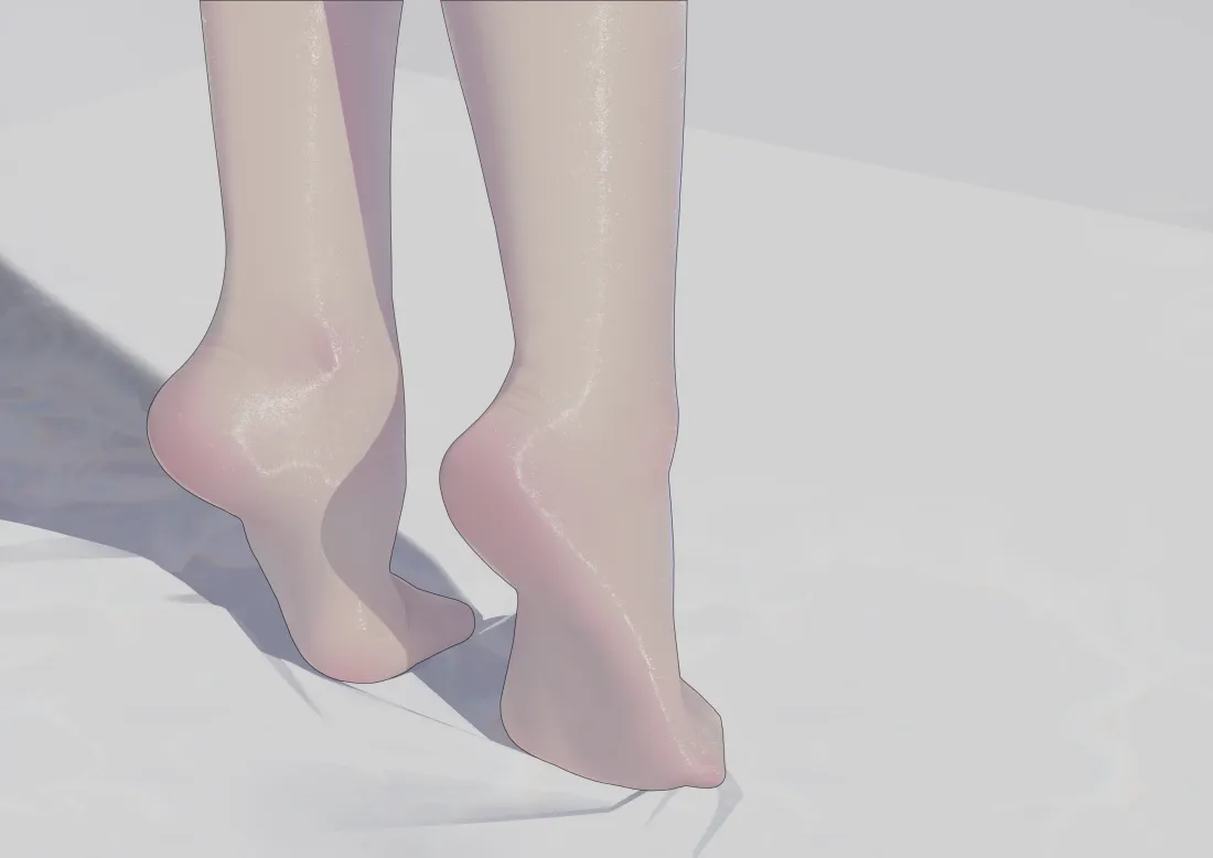白色背景下的动漫女性小腿与足部特写，光影柔和细腻。