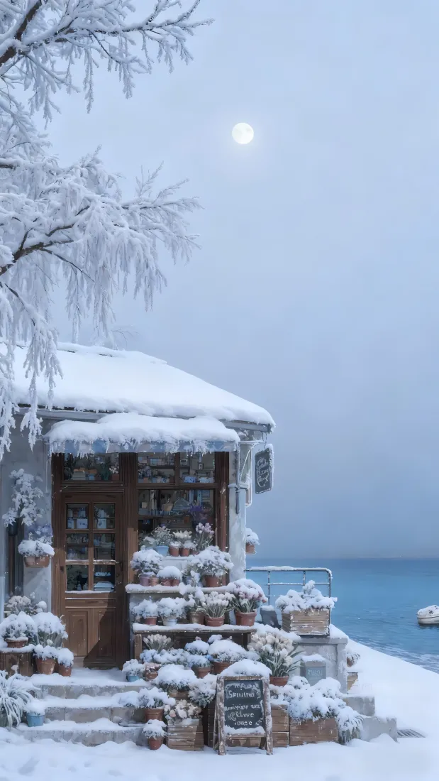 冬日雪天，覆雪的海边小屋旁挂着霜雪的树木，远处海面与淡蓝天空悬着圆月。