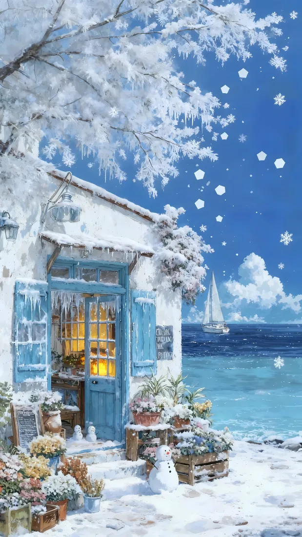 冬日雪天海边，覆雪白墙蓝窗小屋透出暖光，远处海面有帆船，旁有小雪人与盆栽