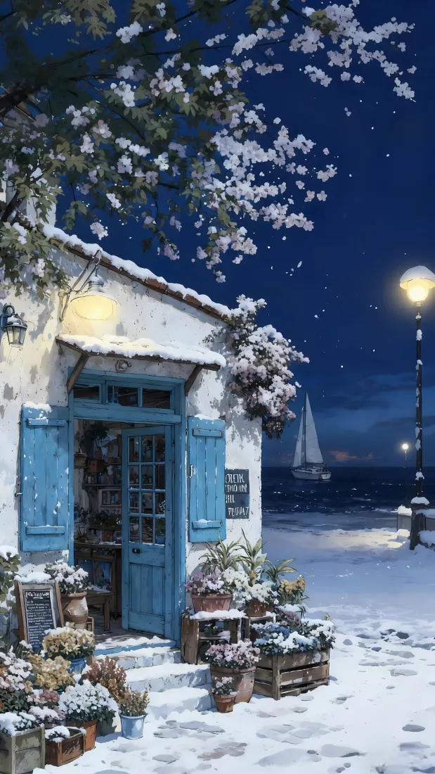 海边雪景房屋手机壁纸｜插画风 - 夜晚帆船「哲风壁纸」