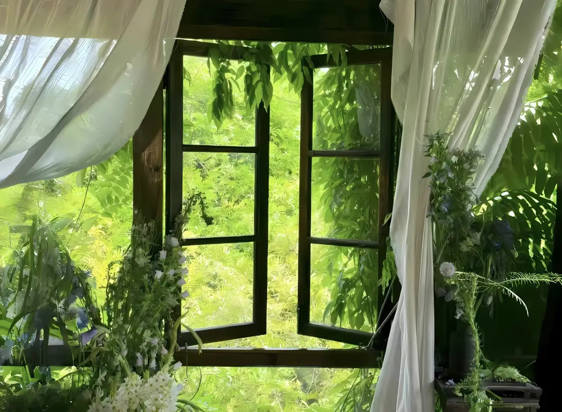 2k绿色窗户植物壁纸｜自然背景 - 清新窗帘「哲风壁纸」