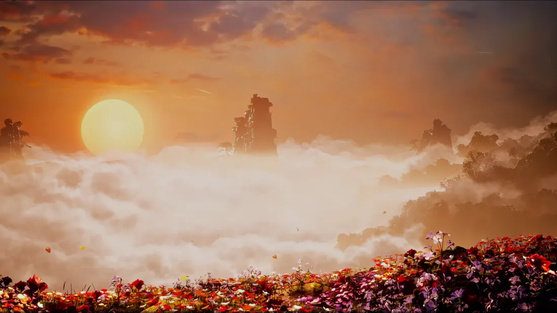 黄昏时分，橙红夕阳悬于云海之上，孤峰矗立，前景是绚烂花海。