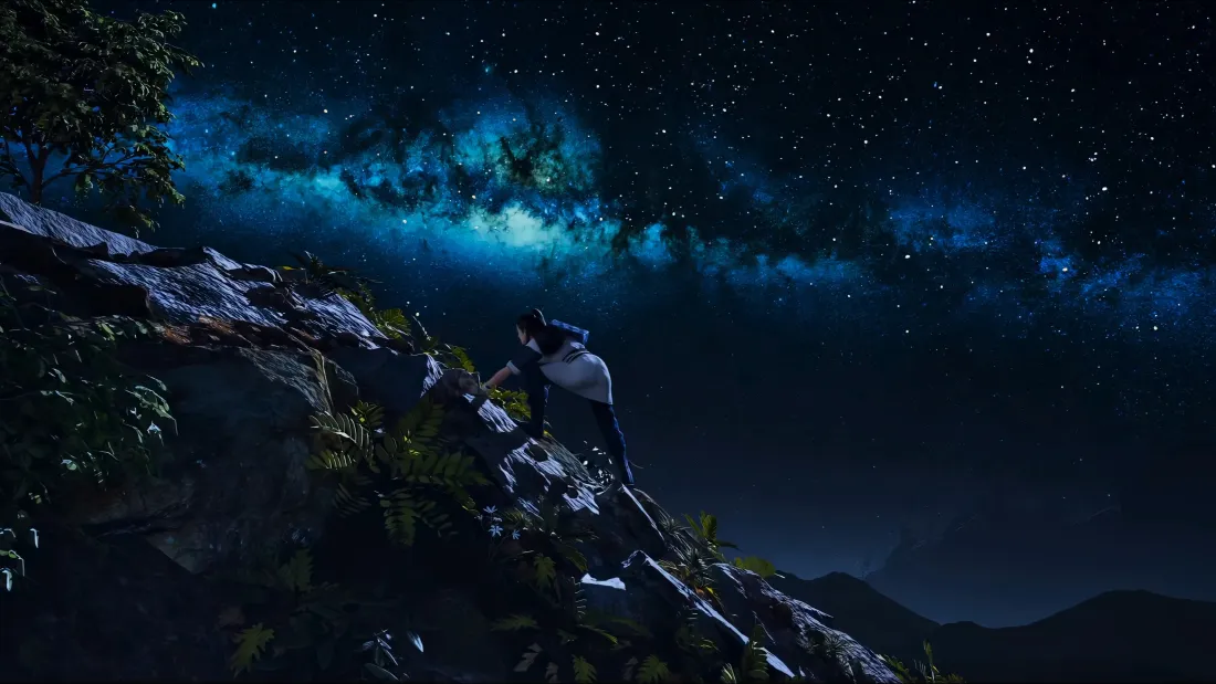 韩立立于斜向树干上，仰望布满青蓝色星云与繁星的夜空，远处有山峦剪影。