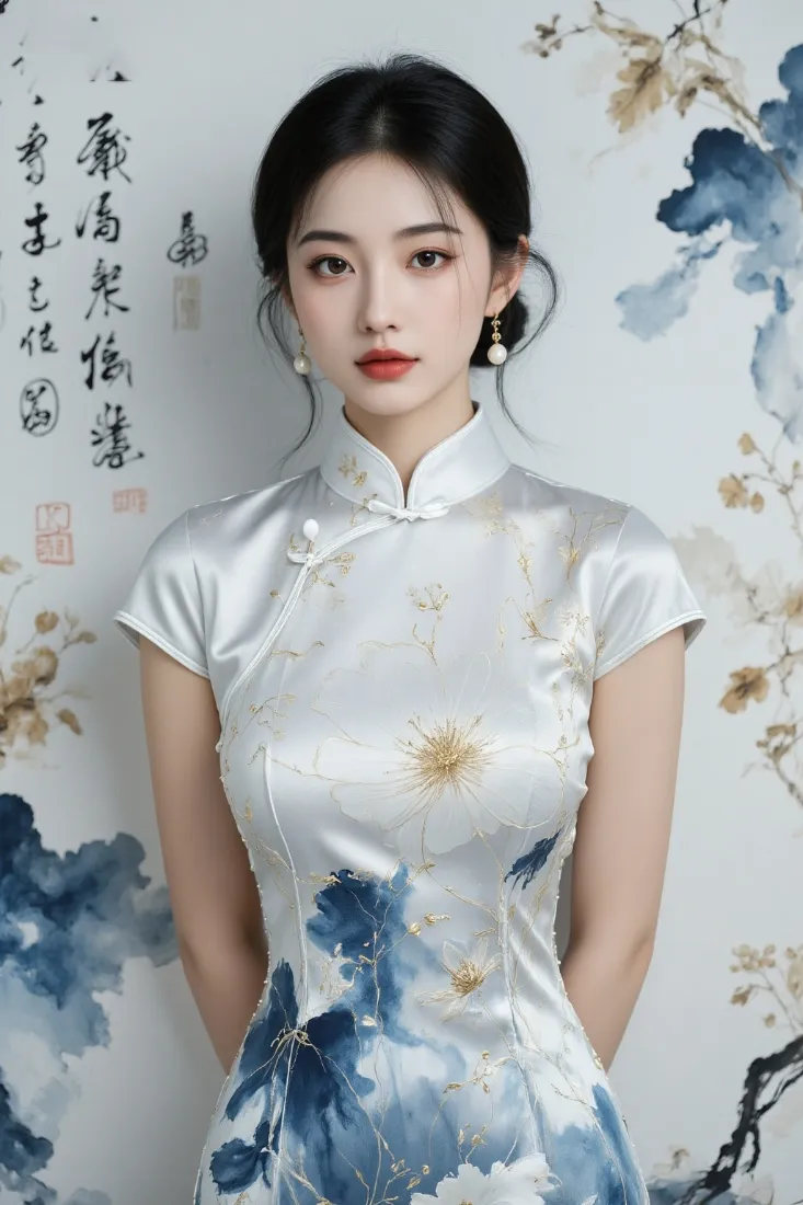 身着水墨花卉旗袍的女子立于书法水墨花卉背景前，气质温婉复古。