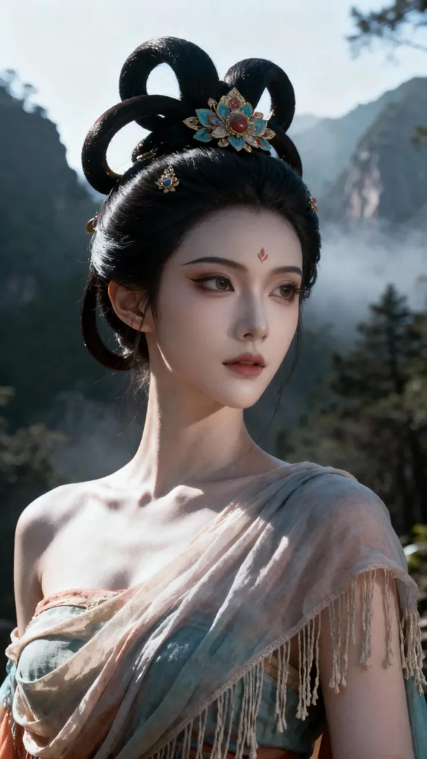 古风女子梳环形发髻戴花饰，着流苏纱衣，立于云雾缭绕的青绿山间。