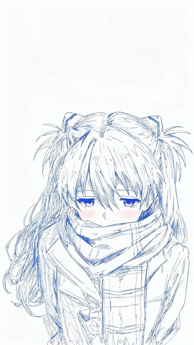 蓝线稿手绘双马尾少女，围巾遮脸，淡蓝眼眸配浅粉腮红，背景纯白
