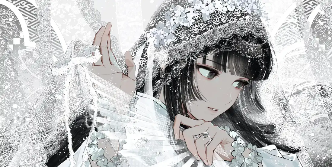 黑长直二次元少女身着白蕾丝礼服，头戴蕾丝头饰，整体为白调梦幻风格。