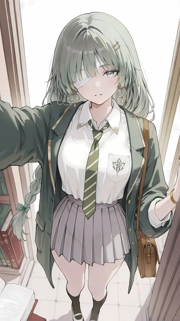 绿发单眼被刘海遮挡的校服少女站在室内门口，挎着棕色书包。