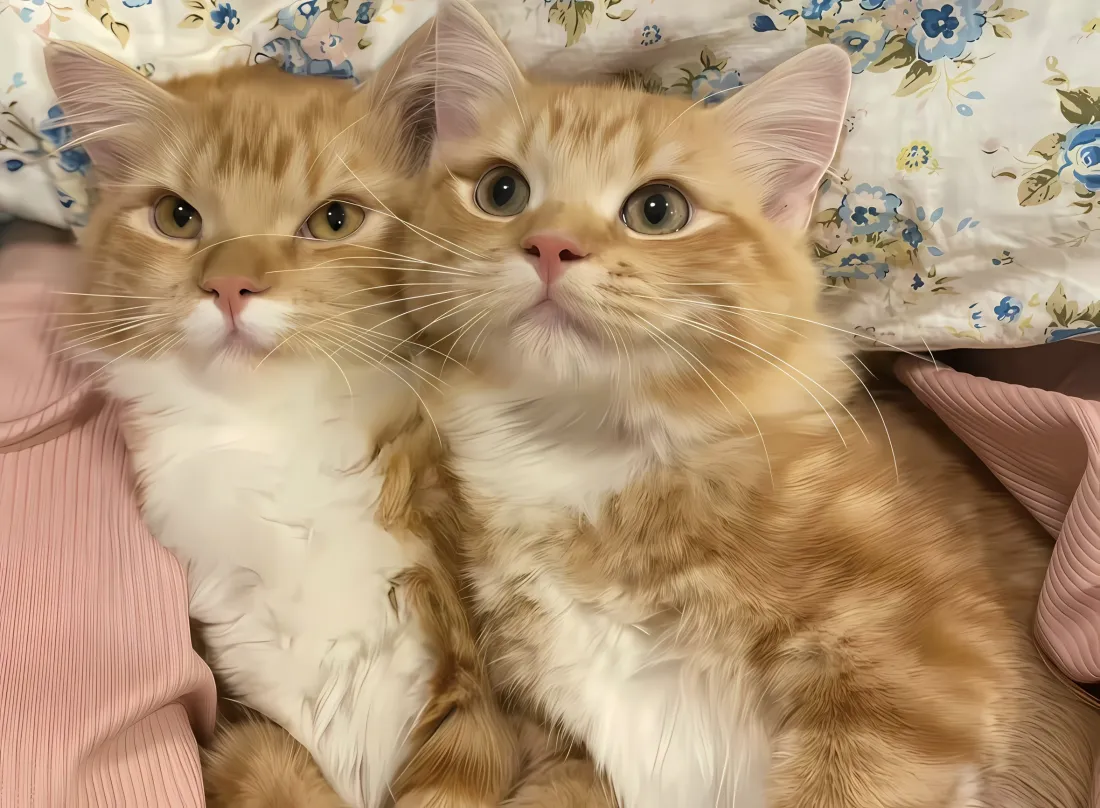 两只橘白相间的长毛橘猫紧挨依偎，睁着圆眼看向镜头，神态软萌。