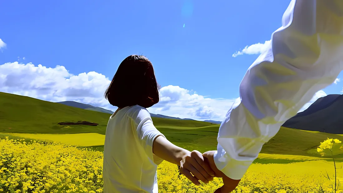 2k亲子牵手花田壁纸｜自然风景 - 蓝天草地「哲风壁纸」