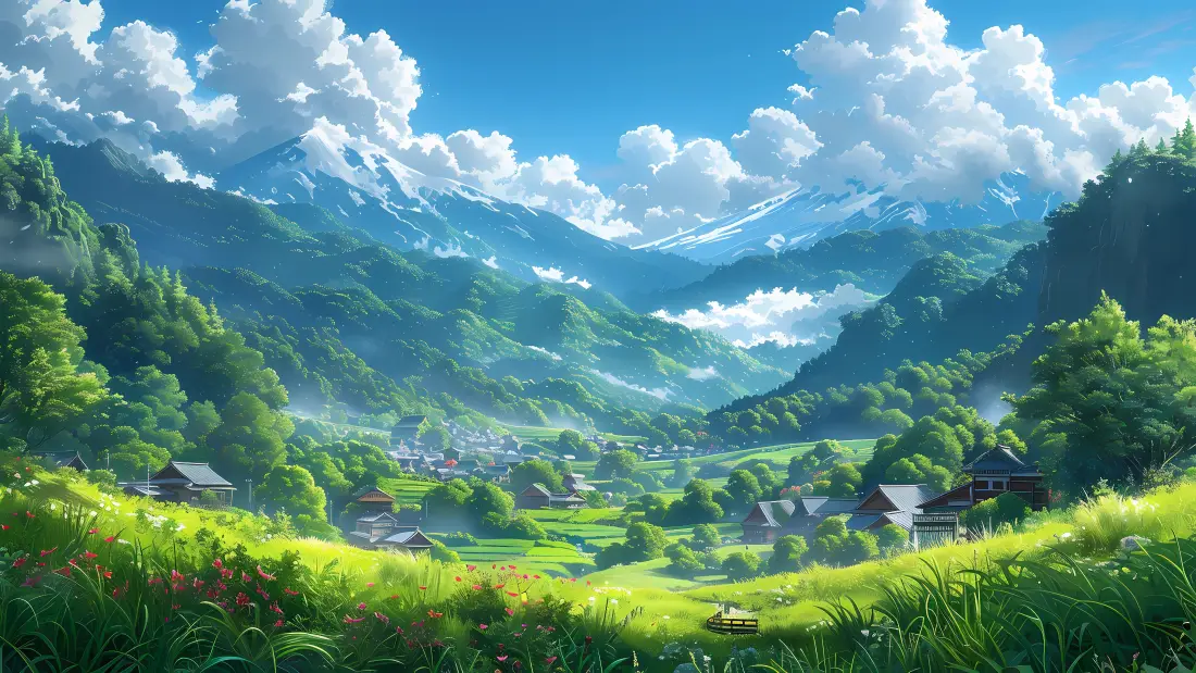 4k绿色小镇壁纸｜山谷草地背景 - 蓝天山脉「哲风壁纸」