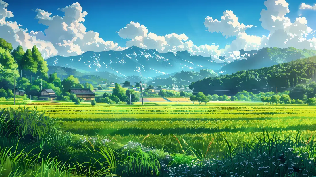 4k绿色小镇田野壁纸｜自然风景背景 - 山脉蓝天「哲风壁纸」