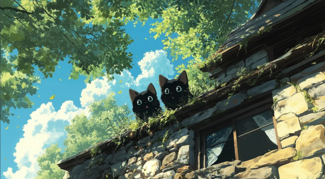 2k黑猫石屋壁纸｜蓝天绿树背景 - 动漫「哲风壁纸」