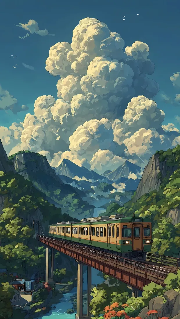 复古绿皮火车行驶在山谷高架铁桥上，背景是积云蓝天与青山河流