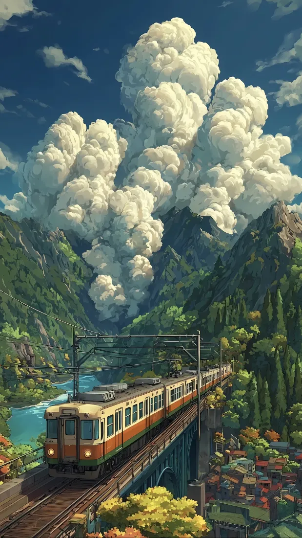 复古电车行驶在山谷间的铁路桥上，下方河流蜿蜒，上方是蓬松积云与青山。