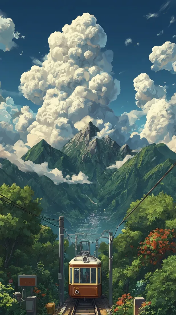 夏日山间铁轨上的复古电车，背靠青山与蓬松积云，绿意盎然。