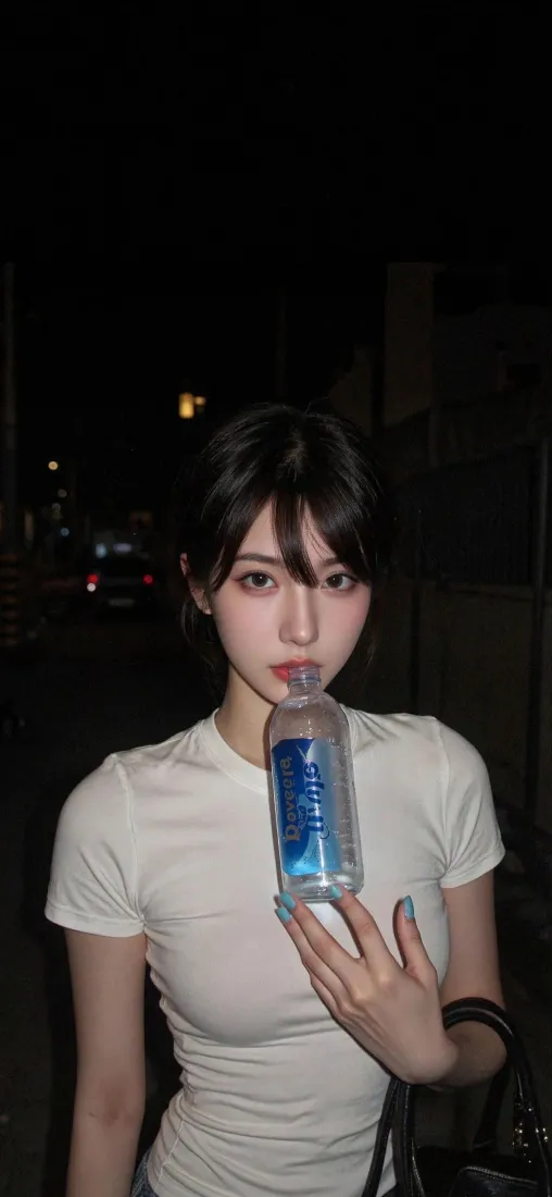 夜晚街头，穿白色短袖的年轻女子手持带蓝色标签的透明饮料瓶自拍。