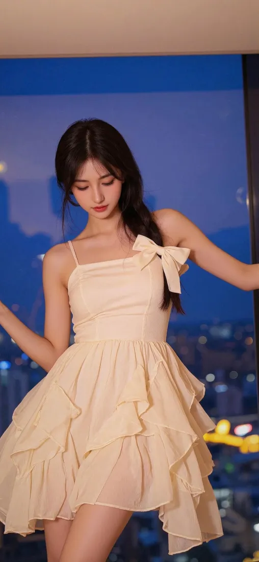 美女吊带裙夜景手机壁纸｜都市背景 - 蝴蝶结裙「哲风壁纸」